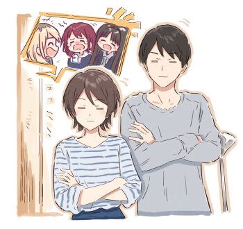 Rule 34 | +++, 1boy, 4girls, = =, ^ ^, awa subaru, black hair, black jacket, blazer, blonde hair, blue jacket, blue shirt, blunt bangs, blush, border, brown hair, closed eyes, closed mouth, collared shirt, commentary, crossed arms, girls band cry, golf club, green necktie, grey shirt, highres, hood, hooded jacket, husband and wife, iseri nina, jacket, kawaragi momoka, laughing, light smile, long hair, low twintails, multiple girls, necktie, neighbor husband (girls band cry), neighbor wife (girls band cry), nose blush, open mouth, red hair, shirt, short hair, short twintails, speech bubble, straight hair, striped clothes, striped shirt, swept bangs, t-shirt, tearing up, textless version, translation request, twintails, very short hair, white background, white border, yukitake (bullfalk)