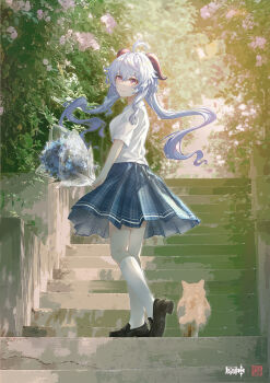 1girl absurdres blue_hair cat flower ganyu_(genshin_impact) genshin_impact goat_horns highres horns long_hair original school_uniform serafuku shirt skirt smile tongyu tree white_shirt