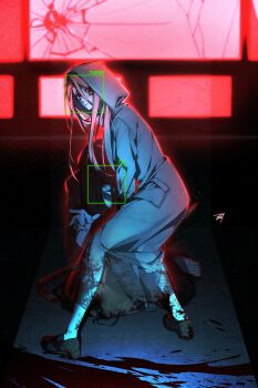 Rule 34 | 1boy, 1girl, absurdres, adashino adami, bbabbamis2, black hair, black kimono, blood, blood on clothes, blood on ground, broken glass, commentary, crowbar, english commentary, facial recognition, glass, highres, holding, holding crowbar, homicipher, hood, hood up, indoors, japanese clothes, kimono, long hair, looking at viewer, mr. crawling, pink hair, raincoat, red eyes, ringed eyes, very long hair