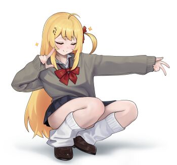 1girl absurdres ahoge black_skirt blonde_hair bow bowtie closed_eyes dalcom fortissimo grey_sweater hair_ornament highres hololive hololive_dev_is l_hand loafers long_hair long_sleeves loose_socks musical_note musical_note_hair_ornament one_side_up otonose_kanade outstretched_arm red_bow red_bowtie shoes simple_background skirt smile socks solo sparkle squatting sweater virtual_youtuber w white_background