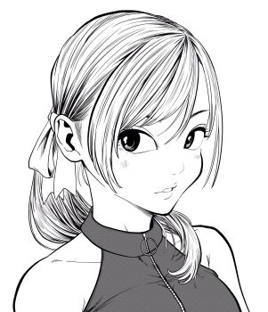 1girl breasts commentary_request eyebrows_hidden_by_hair eyelashes greyscale hair_over_shoulder hair_ribbon highres lee_(dragon_garou) lips medium_breasts monochrome original parted_lips ponytail portrait profile ribbon sideburns sleeveless sleeveless_jacket solo swept_bangs zipper