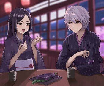 1boy 1girl :d black_eyes black_hair black_kimono brown_eyes closed_mouth cup fire_emblem fire_emblem_awakening floral_print food_request full_moon hair_between_eyes hair_down highres indoors japanese_clothes kimono long_hair long_sleeves looking_at_another male_robin_(fire_emblem) moon mug night night_sky nintendo open_mouth print_kimono ryoha_kosako say&#039;ri_(fire_emblem) short_hair sky smile striped_clothes striped_kimono swept_bangs table tongue vertical-striped_clothes vertical-striped_kimono white_hair wide_sleeves