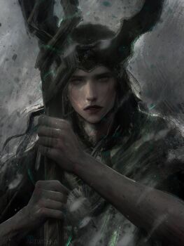1boy androgynous aqua_eyes artist_name artwithka commentary english_commentary fake_horns green_robe grey_background highres holding holding_staff horned_headwear horns loki_(marvel) long_hair looking_at_viewer male_focus marvel marvel_rivals muted_color parted_lips red_lips robe solo staff thor_(marvel)_(series) upper_body