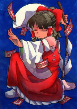 Rule 34 | 1girl, armpits, blue background, blunt bangs, bow, brown hair, chest sarashi, closed eyes, detached sleeves, frills, gohei, hair bow, hair tubes, hakurei reimu, highres, holding, holding gohei, inuyama konan, medium hair, ofuda, on one knee, ponytail, red bow, red shirt, red skirt, sarashi, shirt, shoes, skirt, touhou, white shoes, wide sleeves