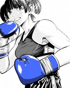 Rule 34 | 1girl, armpit peek, blue gloves, boxing, boxing gloves, breasts, commentary request, fighting stance, gloves, greyscale, hatching (texture), highres, lee (dragon garou), light rays, medium breasts, monochrome, mouth guard, original, serious, short twintails, solo, sports bra, spot color, twintails, upper body