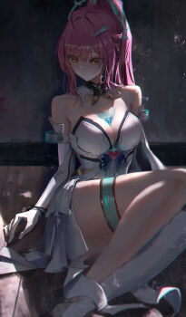 Rule 34 | 1girl, absurdres, aemeath (wuthering waves), bare shoulders, breasts, closed mouth, commentary, elbow gloves, gloves, hair ornament, highres, large breasts, leotard, long hair, looking to the side, orange eyes, pink hair, ponytail, shippo (pixiv 18567314), solo, star-shaped pupils, star (symbol), symbol-shaped pupils, tacet mark (wuthering waves), thighs, white gloves, white leotard, wuthering waves