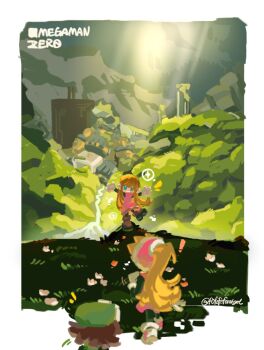 ! 2girls alouette_(mega_man) blonde_hair border chibi ciel_(mega_man) copyright_name cyber_elf_(mega_man) dress fofofoforstart hashtag-only_commentary high_ponytail highres long_hair mega_man_(series) mega_man_zero_(series) multiple_girls pink_dress ponytail white_border wide_shot