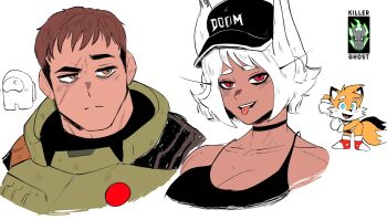 1girl :p among_us animal_ear_fluff animal_ears black_tank_top boku_no_hero_academia breasts crewmate_(among_us) dark-skinned_female dark_skin doom_(2016) doom_(series) doom_eternal doomguy floppy_ears highres large_breasts long_eyelashes lordkillerghost mirko muscular muscular_female muscular_male rabbit_ears rabbit_girl red_eyes scar scar_across_eye scar_on_face sonic_(series) tails_(sonic) tank_top toned toned_female tongue tongue_out white_hair