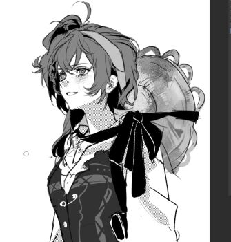 1girl baegi201 greyscale hat hat_on_back looking_to_the_side lopera_(reverse:1999) monochrome parted_lips reverse:1999 safety_pin shirt side_ponytail solo straw_hat tearing_up upper_body vest