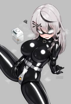 1girl arm_cuffs black_bodysuit black_hair bodysuit braid breasts chastity_belt countdown_timer cuffs earrings eye_mask grey_background grey_hair hair_ornament hairclip handcuffs highres hololive impossible_bodysuit impossible_clothes jewelry key large_breasts latex latex_bodysuit maguro27 mask multicolored_hair sakamata_chloe shiny_clothes side_braid single_braid skin_tight solo squiggle streaked_hair two-tone_hair virtual_youtuber