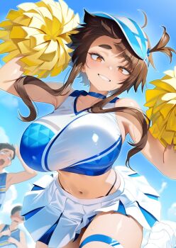 1girl 2boys bare_shoulders blue_skirt blue_sky blue_sports_bra blush breasts brown_hair cheerleader choker commentary_request crop_top highres large_breasts long_hair looking_at_viewer midriff miniskirt multiple_boys navel orange_eyes original pom_pom_(cheerleading) ryuji_(ikeriu) sidelocks skirt sky smile sports_bra thighs white_skirt white_sports_bra