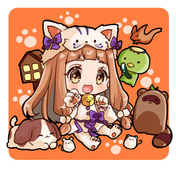1girl :d animal animal_ears animal_hands animal_hat bell blush bow brown_eyes brown_hair chibi commentary_request dog dress fake_animal_ears full_body gloves hat highres ichihara_nina idolmaster idolmaster_cinderella_girls idolmaster_cinderella_girls_starlight_stage jingle_bell kappa long_hair looking_at_viewer mouse_(animal) open_mouth orange_background paw_gloves pleated_dress purple_bow raccoon rino_cnc sitting smile solo traditional_youkai very_long_hair white_dress white_gloves