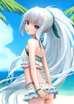 1girl absurdres ass beach bikini blue_eyes blue_sky breasts cloud commentary cowboy_shot female_tyrant_(stella_sora) frilled_bikini frills from_side grey_hair halterneck highres long_hair looking_at_viewer looking_back nashi_paka ocean open_mouth palm_tree pointy_ears ponytail sky small_breasts solo stella_sora swimsuit tree tyrant_(stella_sora) very_long_hair white_bikini