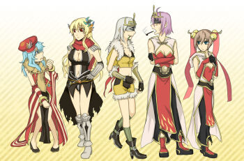 5girls animal animal_around_neck armor armored_boots assassin_cross_(ragnarok_online) bell black_gloves black_leotard black_pants black_shoes black_shorts blindfold blonde_hair blue_eyes blue_hair blush boots breasts brown_hair champion_(ragnarok_online) cleavage closed_mouth coat commentary_request crown detached_sleeves dress elbow_gloves expressionless eye_print fingerless_gloves fox full_body fur-trimmed_gloves fur-trimmed_shirt fur-trimmed_shorts fur_trim gloves gold_trim grey_hair hair_bell hair_ornament hat jingle_bell large_breasts leaf_in_mouth leotard long_hair looking_at_another looking_to_the_side masago_(abyss_child) medium_breasts midriff multiple_girls navel open_mouth pants pauldrons pelvic_curtain professor_(ragnarok_online) purple_hair ragnarok_online red_dress red_eyes red_gloves red_hat revealing_clothes shirt shoes short_hair shorts shoulder_armor sideways_hat sleeveless sleeveless_coat sleeveless_dress sleeveless_shirt small_breasts smoking_pipe sniper_(ragnarok_online) standing striped_background striped_sleeves two-tone_gloves two-tone_shorts vambraces white_coat yellow_background yellow_shirt yellow_shorts yellow_sleeves