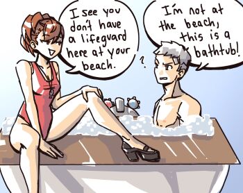 Rule 34 | 1boy, 1girl, bathtub, breasts, brown eyes, brown hair, cleavage, collarbone, flirting, hair between eyes, hand on own knee, high heels, highres, legs, lifeguard, long legs, medium breasts, open mouth, original, ?, speech bubble, whistle, whistle around neck