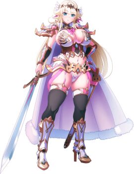 Rule 34 | 1girl, aqua eyes, armor, battle damage, bikini armor, blonde hair, breasts, greaves, hair ornament, highres, huge breasts, knight, kyonyuu fantasy, kyonyuu fantasy 5, kyonyuu fantasy burst x, looking at viewer, looking down, navel, official art, pauldrons, shoulder armor, skindentation, sonia (kyonyuu fantasy), sweat, sword, thighhighs, torn clothes, torn thighhighs, weapon, wing hair ornament