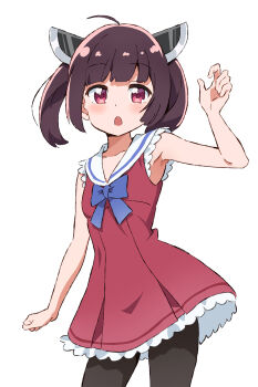 Rule 34 | 1girl, :o, ahoge, arm up, armpits, black pantyhose, blue bow, blue bowtie, bow, bowtie, brown hair, chikuwa (majihima), commentary request, cowboy shot, dot nose, dress, frilled dress, frills, headgear, highres, light blush, looking at viewer, open mouth, pantyhose, pink eyes, red dress, sailor collar, short hair, sidelocks, simple background, sleeveless, sleeveless dress, solo, surprised, touhoku kiritan, twintails, voiceroid, white background, white sailor collar