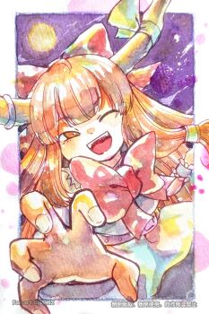 Rule 34 | 1girl, :d, border, bow, brown eyes, brown hair, full moon, hair bow, highres, horns, ibuki suika, long hair, moon, open mouth, painting (medium), purple background, reaching, reaching towards viewer, red bow, shiz (#0077), smile, solo, touhou, traditional media, watercolor (medium), white border
