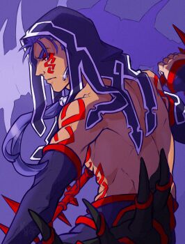 1boy angry artist_name back beads blue_hair bodypaint closed_mouth cu_chulainn_(fate) cu_chulainn_alter_(fate) cu_chulainn_alter_(fate/grand_order) earrings facepaint fate/grand_order fate_(series) from_behind gae_bolg_(fate) hair_beads hair_ornament holding holding_weapon hood hood_up jewelry keyhof male_focus muscular ponytail red_eyes shine solo spikes tail topless_male type-moon weapon