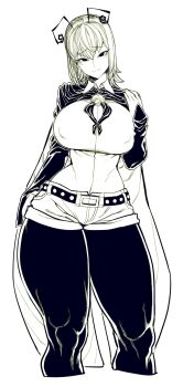 Rule 34 | 1girl, aged up, antennae, ascot, belt, black eyes, breasts, cape, collared shirt, covered erect nipples, curvy, female focus, highres, huge breasts, knees, long sleeves, looking at viewer, monochrome, pantyhose, shirt, short hair, short shorts, shorts, solo, spacezin, thick thighs, thighs, touhou, unbuttoned, wide hips, wriggle nightbug