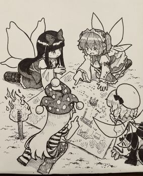4girls bow clownpiece dress drill_hair fairy fairy_wings fang fire hair_bow hakurei_reimu hat headdress highres jester_cap long_hair long_sleeves luna_child monochrome multiple_girls open_mouth pantyhose paper planted pointing polka_dot polka_dot_headwear sitting skin_fang smile star_(symbol) star_print star_sapphire striped_clothes striped_dress striped_pantyhose sunny_milk suteruko torch touhou traditional_media very_long_hair wide_sleeves wings