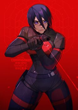 1girl android black_hair blue_eyes cyberpunk cz_75 elster_(signalis) english_text gun handgun highres joints laser_pointer mechabare metal_skin robot_girl robot_joints short_hair signalis solo type-75_protektor weapon xuuikie_ashe