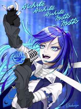 1girl ado_(utaite) adorozatorumary aishite_aishite_aishite_(vocaloid) arm_up bandages black_gloves blue_eyes blue_hair blue_nails chando_(ado) commentary_request fingerless_gloves gloves grey_arm_warmers highres long_hair mole mole_under_eye nail_polish open_mouth sanrio sharp_teeth solo teeth tomoyaku upper_body utaite