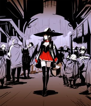 1girl arsenixc artist_self-insert black_hair cat fictional_persona hat highres oekaki original pot red_eyes solo_focus spot_color thighhighs walking wings witch witch_hat zettai_ryouiki
