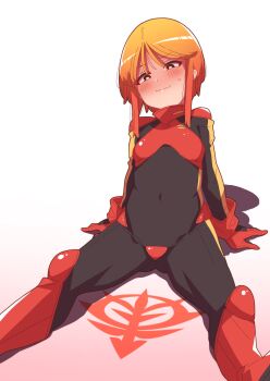 1girl absurdres blush boots breasts covered_navel feet_out_of_frame gloves gundam gundam_zz highres mecha_pilot_suit military_uniform neo_zeon on_ground onimaru_(onimal7802) orange_hair puru_two red_boots red_gloves science_fiction short_hair sitting small_breasts solo