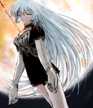 1girl 2fulun arrow_through_heart black_choker black_dress blunt_sidelocks choker closed_eyes closed_mouth cowboy_shot dress full_moon hair_between_eyes highres long_hair moon night original short_dress sidelocks solo white_hair