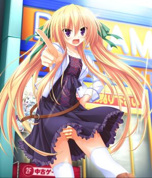 1girl blonde_hair dress fang highres long_hair panties pantyshot pointing purple_eyes standing striped_clothes striped_panties suien thighhighs twintails underwear very_long_hair white_thighhighs