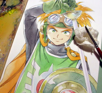 1boy agahari arm_up art_brush art_tools_in_frame black_shirt cape closed_mouth commentary_request dragon_quest dragon_quest_ii goggles goggles_on_headwear green_eyes green_tabard holding holding_shield holding_sword holding_weapon looking_at_viewer male_focus orange_cape orange_hair paintbrush painting_(medium) photo_(medium) prince_of_samantoria rapier shield shirt short_hair smile solo sword tabard traditional_media upper_body weapon