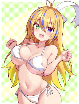 1girl bikini blaster_master_zero blaster_master_zero_2 blaster_master_zero_3 blonde_hair blue_eyes blue_hair breasts cougar_(cougar1404) cowboy_shot earrings eve_(blaster_master_zero) green_background green_eyes heterochromia jewelry large_breasts multicolored_hair navel open_mouth side-tie_bikini_bottom solo streaked_hair swimsuit two-tone_hair white_bikini
