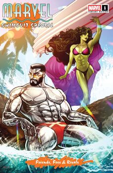 Rule 34 | 1boy, 1girl, abs, absurdres, avengers (series), beard, bikini, black facial hair, black hair, blue sky, breasts, colored skin, colossus (x-men), comic cover, company name, copyright logo, copyright name, cover, cover page, curly hair, english text, facial hair, green hair, green lips, green skin, grey skin, highres, holding, holding surfboard, jennifer walters, large breasts, lens flare, logo, long hair, looking to the side, lukas werneck, male swimwear, marvel, metal skin, muscular, muscular female, muscular male, navel, official alternate costume, official art, outdoors, palm tree, purple bikini, purple shawl, red-framed eyewear, red male swimwear, semi-rimless eyewear, shawl, she-hulk, short hair, sitting, sky, sunglasses, surfboard, swimsuit, tinted eyewear, topless male, tree, very long hair, water, wet, x-men, yellow-tinted eyewear