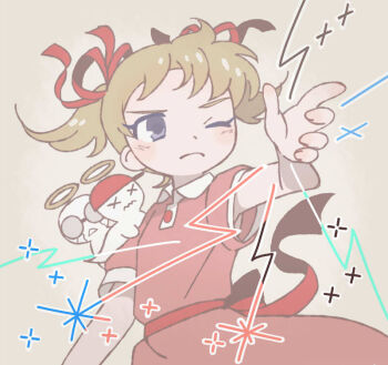 Rule 34 | 1girl, ana (mother), blush, casting spell, crying, dress, frown, ghost, halo, lloyd (mother), mother (series), mother 1, ninten, nintendo, one eye closed, pink dress, red ribbon, ribbon, round eyewear, short hair, streaming tears, tanba (tanba-art), tears, traditional halo, x x