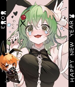 1boy 1girl @_@ animal_ear_hairband animal_ears black_bow black_bowtie black_nails bouncing_breasts bow bowtie breasts cherry_hair_ornament chibi covering_own_mouth emia_(castilla) fake_animal_ears food-themed_hair_ornament formal_clothes green_eyes green_hair hair_between_eyes hair_ornament hairband hairpin hannakii happy_new_year highres kimi_ga_shine looking_at_viewer male_playboy_bunny multiple_hairpins new_year nontraditional_playboy_bunny orange_hair rabbit_ear_hairband rabbit_ears sitting suit tailcoat_playboy_bunny toto_noel upper_body wavy_mouth white_wrist_cuffs wrist_cuffs