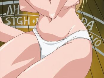 00s 1girl 2001 animated animated_gif bible_black bible_black_night_of_the_walpulgiss blonde_hair blush breasts covering_breasts covering_privates curvy high_ponytail large_breasts lips looking_at_viewer magic_circle navel nipples panties ponytail saeki_kaori sitting tagme underwear white_panties wide_hips