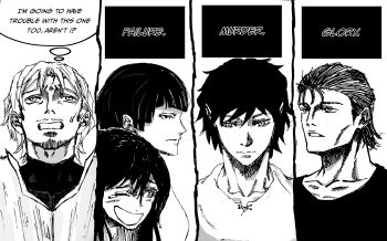 Rule 34 | 2girls, 3boys, ;d, absurdres, anvil (shadow slave), beard stubble, blunt bangs, bowl cut, broken sword (shadow slave), clenched teeth, column lineup, commentary, english commentary, english text, expressionless, facial hair, furrowed brow, greyscale, hair slicked back, highres, jakksaviour, ki song, messy hair, monochrome, multiple boys, multiple girls, one eye closed, open mouth, shadow slave, shirt, short hair, sideburns, smile, smile of heaven, speech bubble, stubble, t-shirt, teeth, thought bubble, tunic