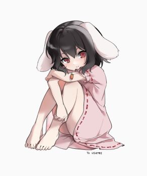 1girl absurdres animal_ears black_hair carrot carrot_necklace dress floppy_ears highres inaba_tewi jewelry long_hair necklace pink_dress rabbit_ears rabbit_girl rabbit_tail red_eyes ribbon-trimmed_dress ribbon_trim short_hair simple_background skirt smile solo tail touhou ura_giri white_background