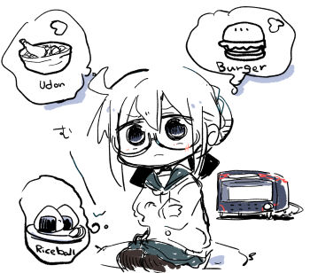 1girl artoria_pendragon_(fate) black-framed_eyewear bowl brown_pantyhose burger cardigan commentary_request fate/grand_order fate_(series) food glasses grey_eyes grey_sailor_collar grey_skirt hair_between_eyes hair_bun highres kasuga_yuuki mysterious_heroine_x_alter_(fate) noodles onigiri pantyhose sailor_collar semi-rimless_eyewear shrimp shrimp_tempura simple_background sitting sketch skirt solo spoken_food tempura toaster_oven udon under-rim_eyewear white_background white_cardigan