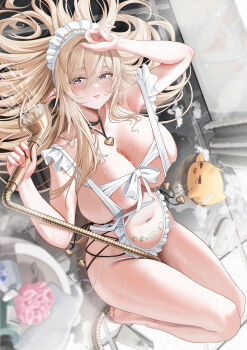 1girl :o absurdres amam_(64943468) apron azur_lane bar_soap barefoot blonde_hair blurry blurry_foreground breasts commentary_request depth_of_field double-parted_bangs fingernails frilled_apron frills full_body gouden_leeuw_(an_intimate_cleaning)_(azur_lane) gouden_leeuw_(azur_lane) hair_between_eyes hair_spread_out hands_up heart_pendant highres holding holding_shower_head huge_breasts indoors knees_up long_bangs long_hair looking_at_viewer lying maid_headdress manjuu_(azur_lane) mole mole_under_eye naked_apron navel official_alternate_costume on_back parted_lips pink_eyes pubic_tattoo revealing_clothes shower_(place) shower_head solo stomach tattoo tile_floor tiles water water_drop wet