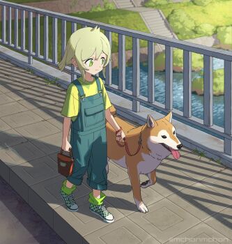 1girl :d artist_name bag blurry brown_bag checkered_shoes child closed_mouth commentary_request depth_of_field full_body green_eyes green_hair green_overalls green_shirt green_shoes handbag holding holding_leash leash light_smile mchonmchon open_mouth original outdoors overalls pavement railing red_leash shadow shiba_inu shirt shoes short_sleeves sidelocks sidewalk smile solo spiked_hair t-shirt tongue tongue_out walking watermark