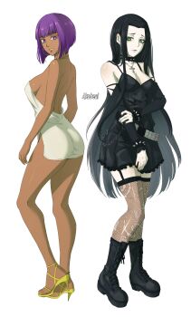 2girls absurdres akobeul ass back backless_dress backless_outfit black_boots black_dress black_garter_straps black_hair bob_cut boots brown_thighhighs closed_mourh dark-skinned_female dark_skin dress full_body garter_straps green_eyes high_heels highres inverted_bob knee_boots legs long_hair multiple_girls original purple_eyes shoes short_hair smile standing thighhighs thighs very_long_hair white_dress yellow_shoes