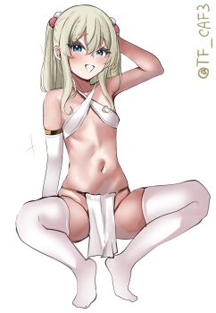 1girl absurdres alternate_costume blonde_hair blue_eyes blush breasts collarbone criss-cross_halter double-parted_bangs elbow_gloves full_body gloves grecale_(kancolle) hair_between_eyes hair_bobbles hair_ornament halterneck hashtag-only_commentary highres kantai_collection long_hair long_sidelocks looking_at_viewer navel one-hour_drawing_challenge open_mouth pelvic_curtain revealing_clothes sidelocks simple_background single_glove small_breasts solo squatting stomach tf_cafe thighhighs tiptoes triangle_mouth two_side_up white_background white_gloves white_thighhighs