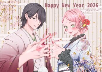Rule 34 | 1boy, 1girl, 2026, black eyes, black hair, blue kimono, closed mouth, commentary request, facial mark, floral print, floral print kimono, flower, forehead mark, frilled kimono, frills, gradient haori, green eyes, grey eyes, hair between eyes, hair bun, hair flower, hair ornament, hair over one eye, haori, happy new year, haruno sakura, heterochromia, highres, japan, japanese clothes, kimono, long hair, naruto: the last, naruto (series), new year, non sssk, open mouth, pink hair, print kimono, red haori, short hair, smile, swept bangs, twitter username, uchiha sasuke, updo, upper body, white kimono