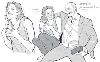 2boys adam's_apple arm_on_another's_shoulder collared_shirt creepy_guy_(no_i'm_not_a_human) cropped_torso facial_hair grey_jacket grey_tank_top gun highres holding holding_gun holding_weapon jacket male_focus medium_hair monochrome multiple_boys nervous nervous_smile no_i'm_not_a_human shirt short_hair sitting smile stubble suit_guy_(no_i'm_not_a_human) tank_top teeth teppn_(gattobamboom) upper_teeth_only very_short_hair weapon white_background white_shirt