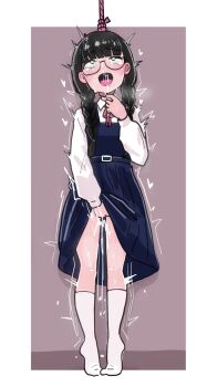 1girl asphyxiation autoerotic_asphyxiation black_hair braid commentary f0g_(rmuh7534) female_ejaculation female_masturbation full_body glasses heart heart-shaped_pupils heropin highres long_hair long_skirt long_sleeves low_twin_braids low_twintails masturbation noose open_mouth original pussy pussy_juice ribbon rolling_eyes rope school_uniform shirt simple_background skirt socks solo standing symbol-shaped_pupils tiptoes twin_braids twintails twitching white_shirt white_socks