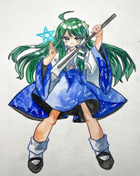 Rule 34 | 1girl, ahoge, black shoes, blue skirt, closed mouth, commentary, detached sleeves, frog hair ornament, full body, gohei, green eyes, green hair, hair ornament, highres, holding, holding gohei, key747h, kochiya sanae, long hair, long sleeves, looking at viewer, painting (medium), pentagram, shirt, shoes, skirt, smile, snake hair ornament, socks, solo, standing, touhou, traditional media, very long hair, white shirt, white sleeves, white socks, wide sleeves