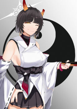 1girl absurdres blue_archive fan highres japanese_clothes kimono looking_at_viewer niya_(blue_archive) one_eye_closed plentyofempty school_uniform sleeveless sleeveless_kimono solo