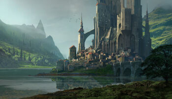 absurdres bridge bush castle cloud cloudy_sky commentary day english_commentary flock highres hill lake landscape medieval mountain no_humans original painterly raphael-lacoste reflection reflective_liquid scenery sky tower town tree